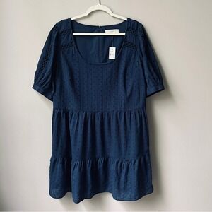 LOFT Dress Women's 12 New NWT Navy Blue Eyelet Tufted Swiss Dots Tiered Preppy